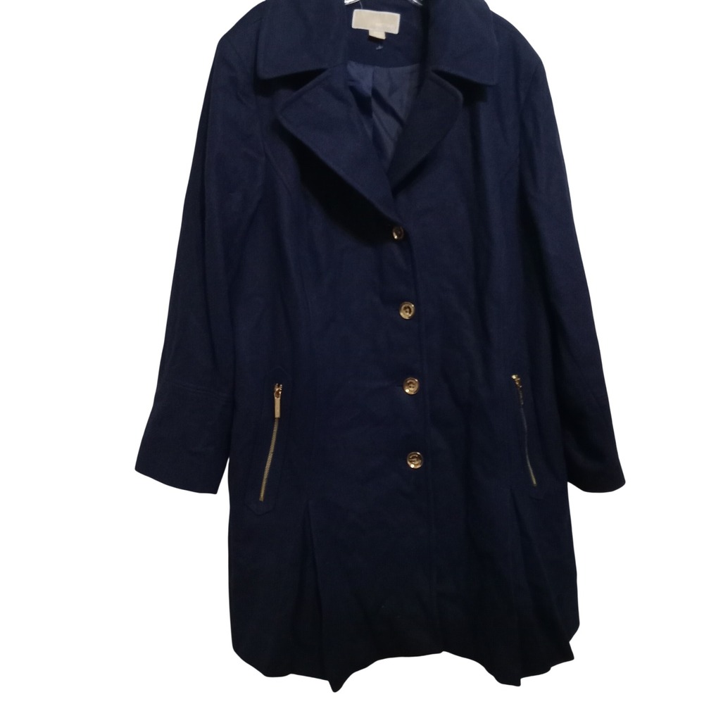Michael Kors Navy Blue Wool Blend Coat with Gold Hardware Buttons and Zippers22W
